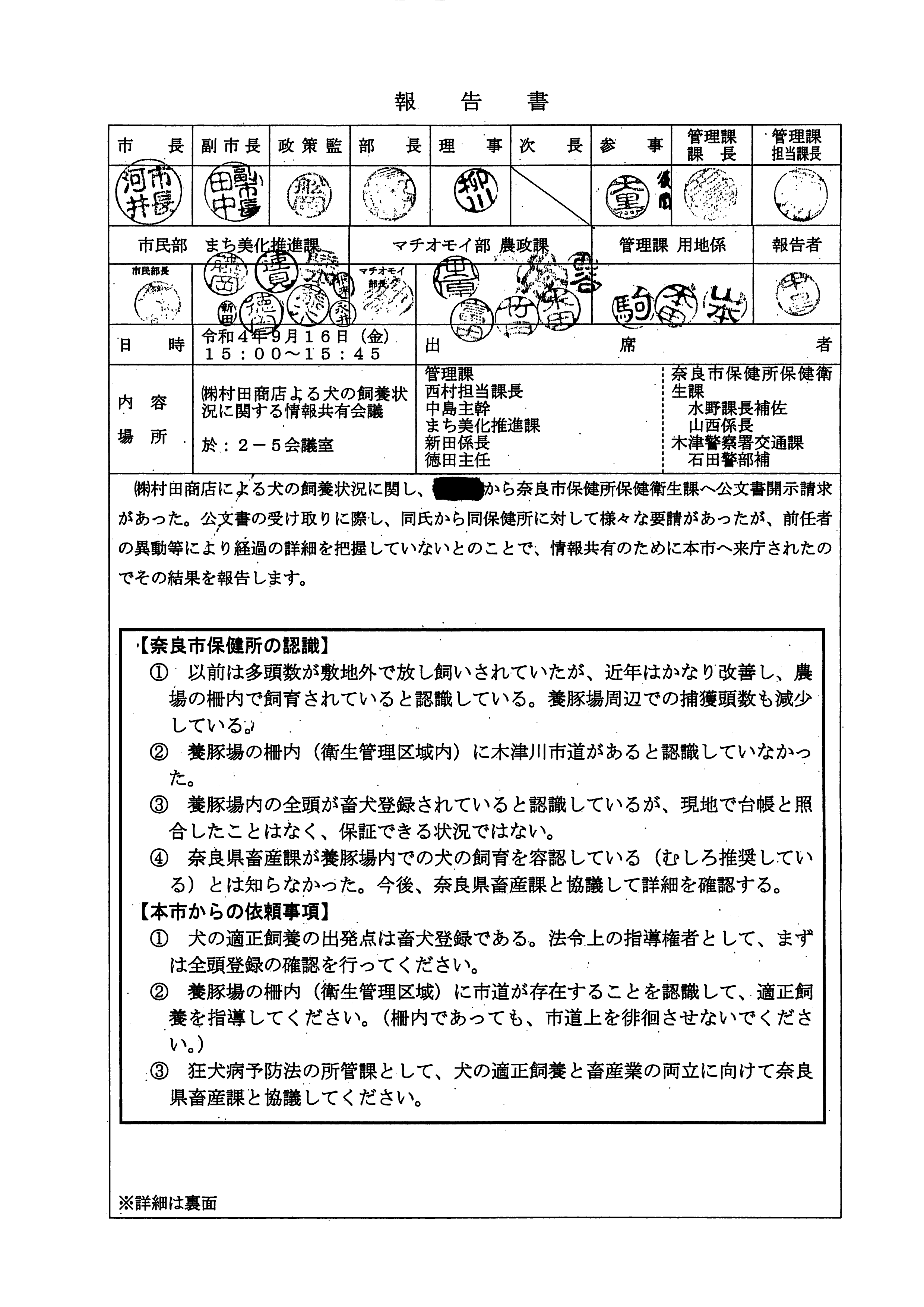 令和4(2022)年9月16日 (株)村田商店による犬の飼養状況に関する情報共有会議-01