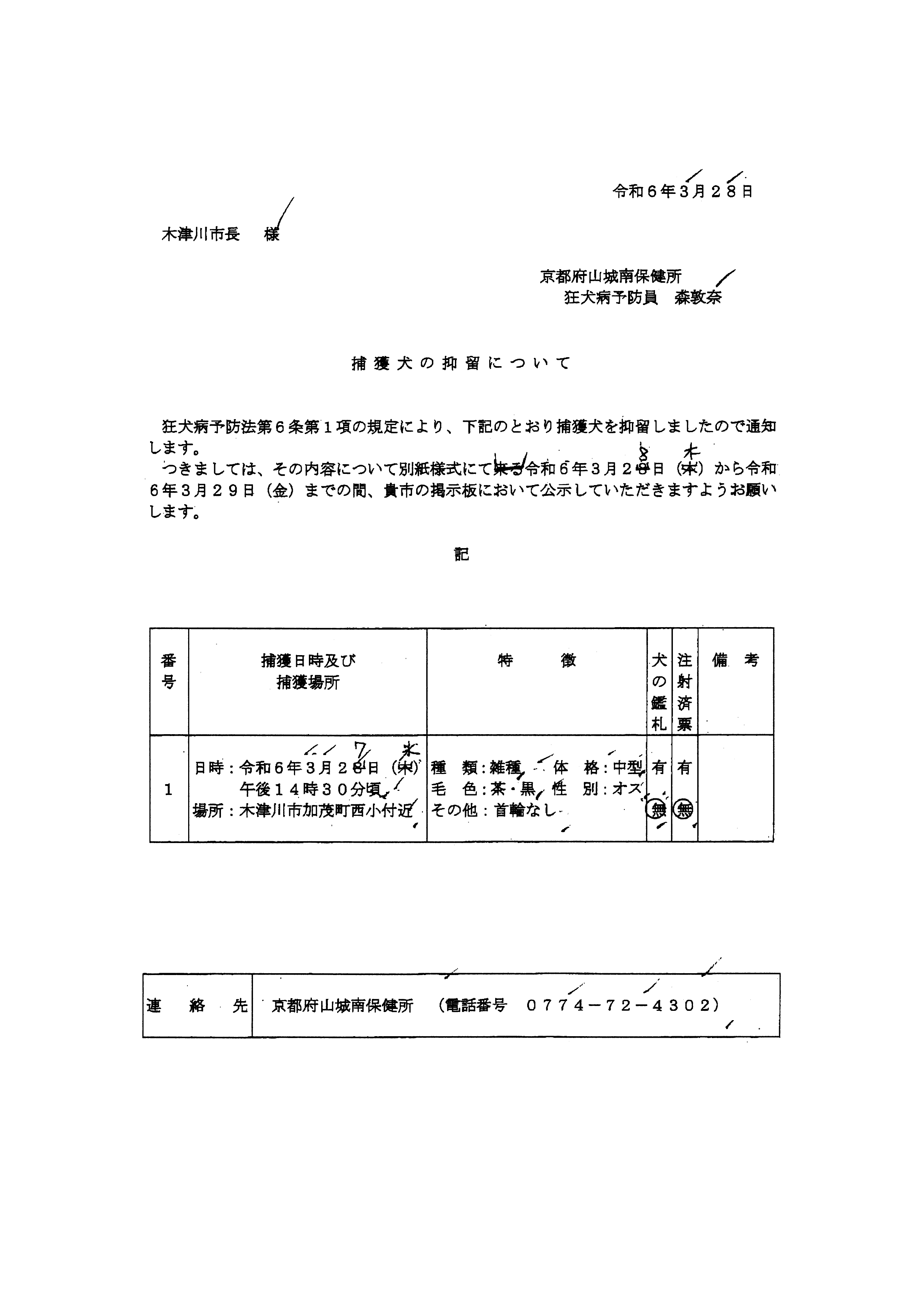 令和6年3月27日-捕獲犬の抑留について（公示）-02