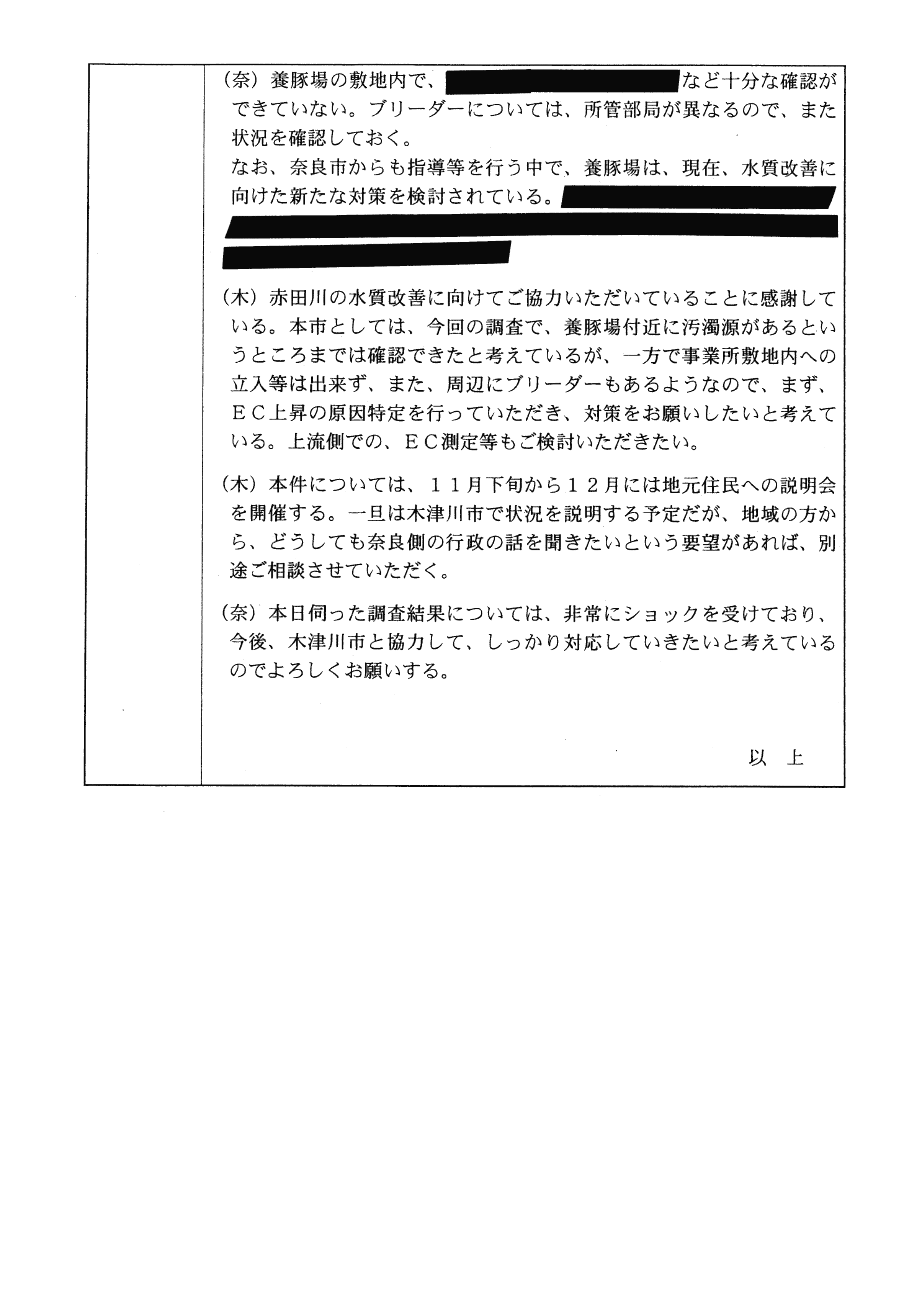 平成29年11月8日-赤田川水質汚濁状況調査報告書の奈良県・奈良市担当部局への連絡-05