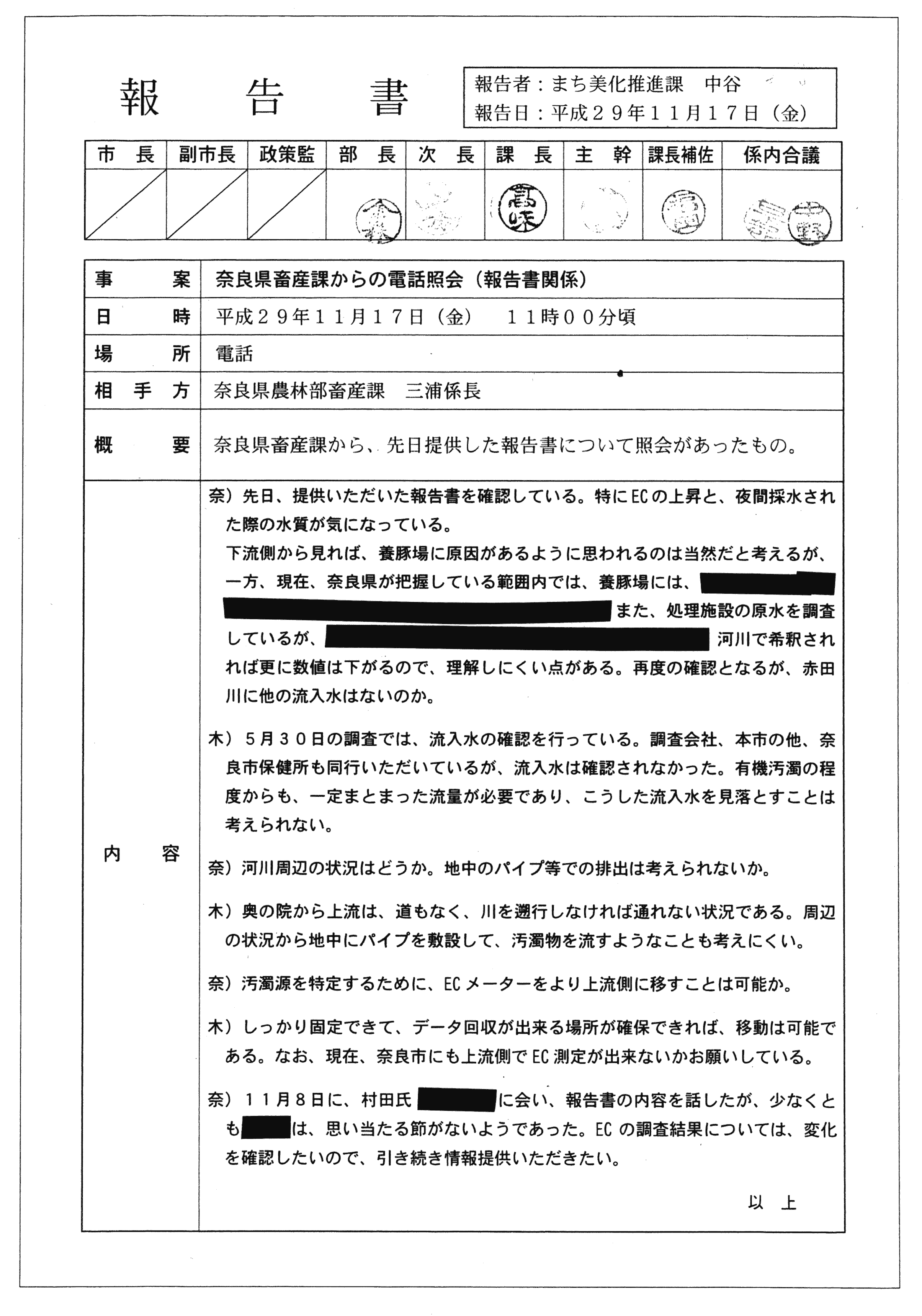 平成29年11月17日-奈良県畜産課からの電話照会（報告書関係）